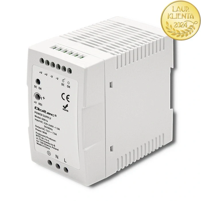Qoltec 50914 – napájecí zdroj na DIN lištu 90 W / 12 V / 7,5 A / Bílý