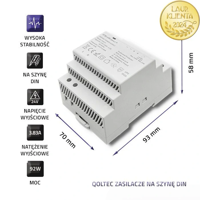 Qoltec 50923 – Průmyslový napájecí zdroj na DIN lištu 92 W / 24 V / 3,83 A / Šedý