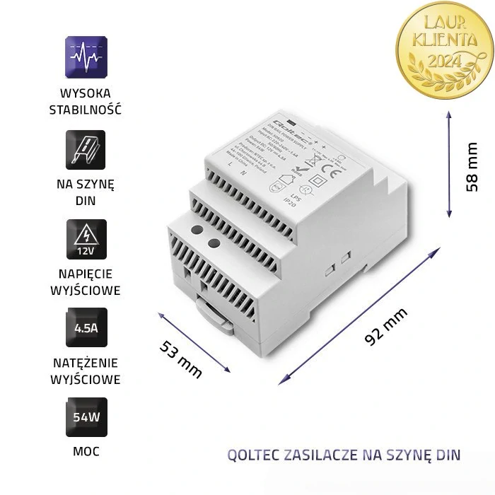 Qoltec 50920 – Průmyslový napájecí zdroj na DIN lištu 54 W / 12 V / 4,5 A / Šedý