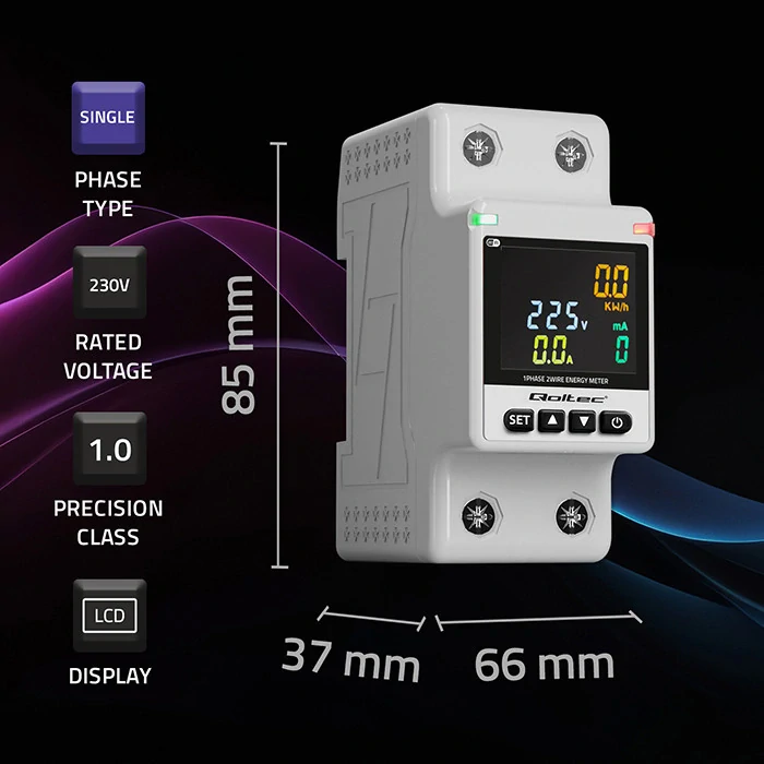 *Qoltec 50981 Jednofázový Wi-Fi wattmetr na DIN lištu TH35 | Tuya/Smart Life | 63 A | LCD | Měření napětí/proudu/výkonu/spotřeby | Historie a dálkové ovládání