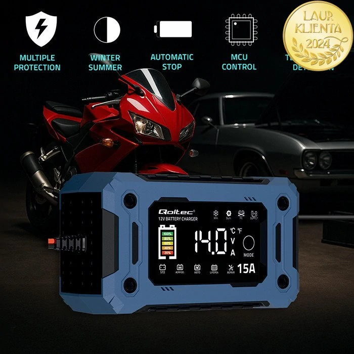 *Qoltec 52496 Intelligent Charger 12 V 15 A | Mikroprocesorová nabíječka LiFePO₄ / AGM / GEL s LCD displejem a režimem 14 V pro údržbu napětí