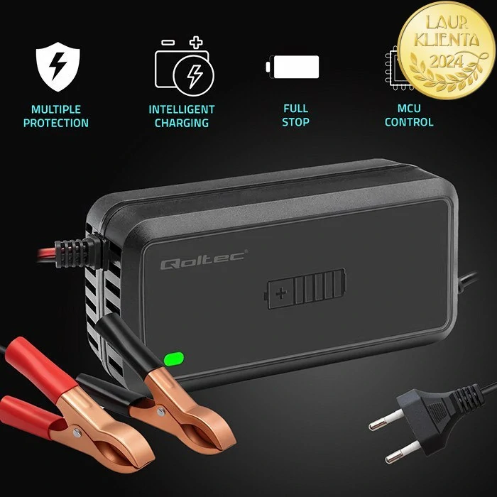 *Qoltec 52495 Inteligentní nabíječka 12 V 5 A | Automatická mikroprocesorová nabíječka AGM / GEL / SLA baterií | 6-krokové nabíjení | Ochrana proti přebití a přepólování