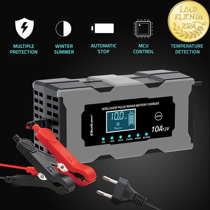 *Qoltec 52493 Inteligentní nabíječka baterií řízená mikroprocesorem LiFePO4, AGM, GEL, STD, WET | s funkcí opravy | 12V | 10A | LCD | 5 – režimu nabíjení