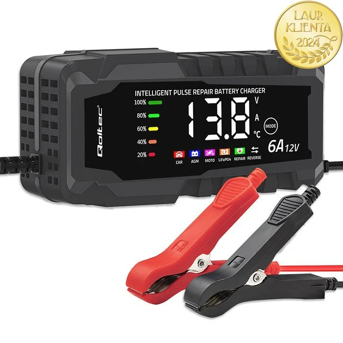 *Qoltec 52494 Intelligent Charger 12 V 6 A | Mikroprocesorová nabíječka LiFePO₄ / AGM / GEL s LCD displejem a režimem opravy pro AGM GEL LiFePO4 baterie