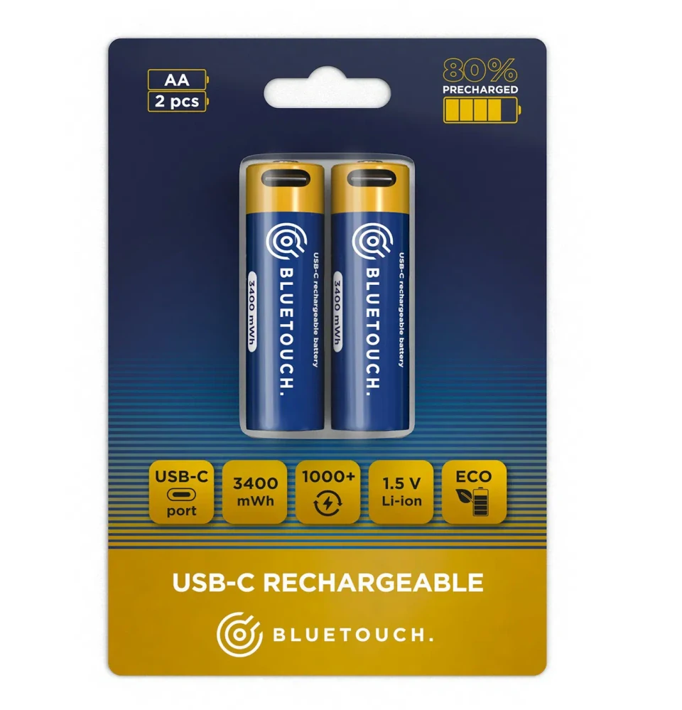 *BlueTouch USB-C nabíjecí baterie AA 1,5 V / 3400 mWh – Li-Ion tužkové články s USB-C nabíjením, 2 ks