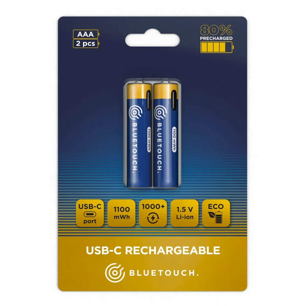 *BlueTouch USB-C nabíjecí baterie AAA 1,5 V / 0,74 Ah – Li-Ion tužkové články s USB-C nabíjením, 2 ks