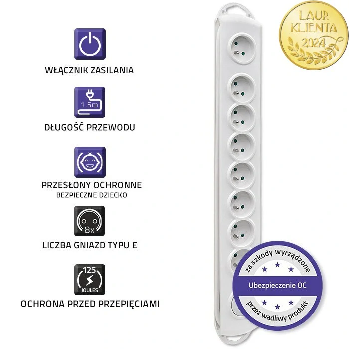 Qoltec 50293 Prodlužovací kabel Qoltec | 8 zásuvek | 1,5 m | Bílý | Rychlé přepínání