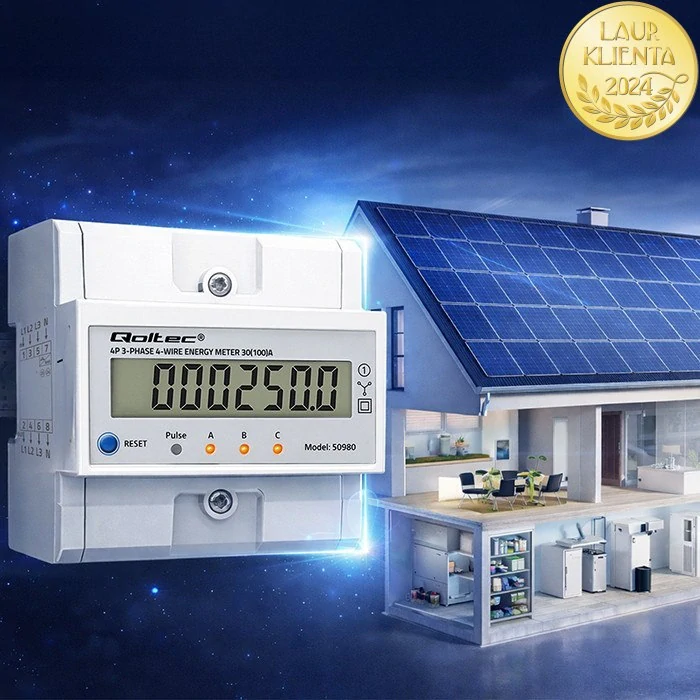 *Qoltec 50980 Qoltec Třífázový elektronický elektroměr s resetem | Elektroměr na DIN lištu | 400V | 100A | LCD | LED | 4P