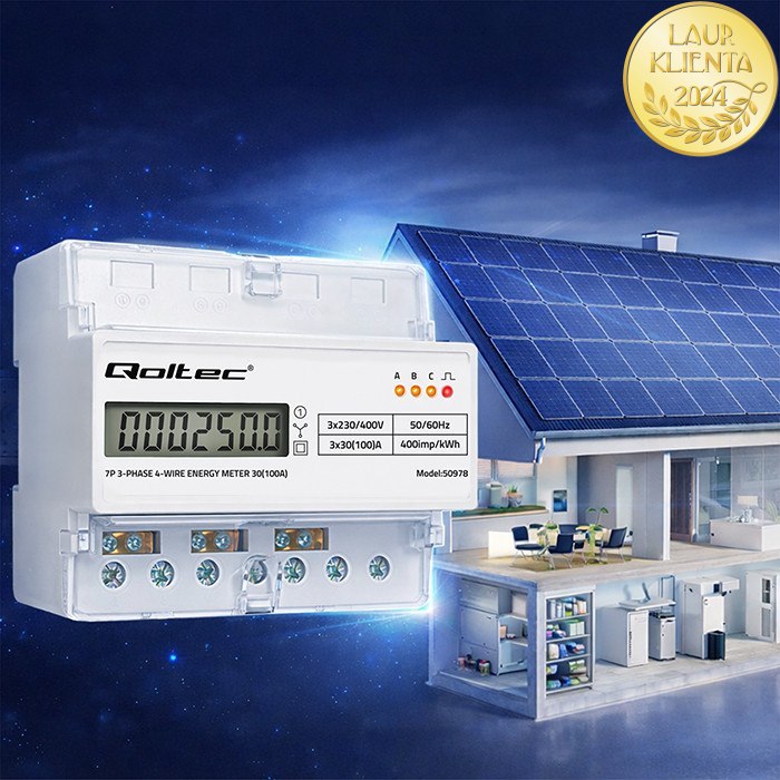 *Qoltec 50978 QOLTEC Třífázový elektronický elektroměr | Elektroměr na DIN lištu | 400V | 100A | LCD | LED | 7P