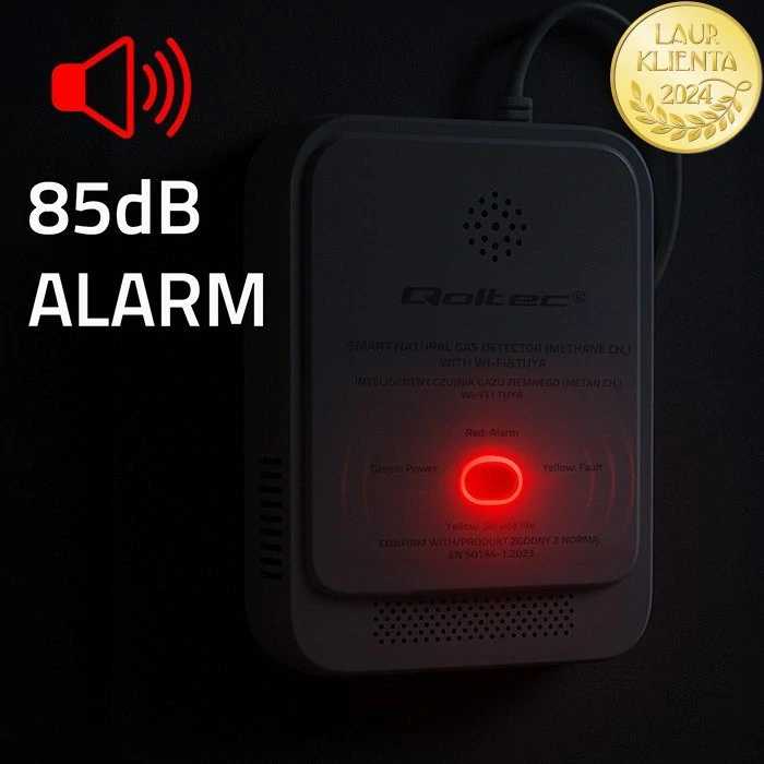 *Qoltec 52651 Qoltec WiFi detektor úniku zemního plynu CH4 | Tuya Smart | Alarm 85 dB | LED indikace