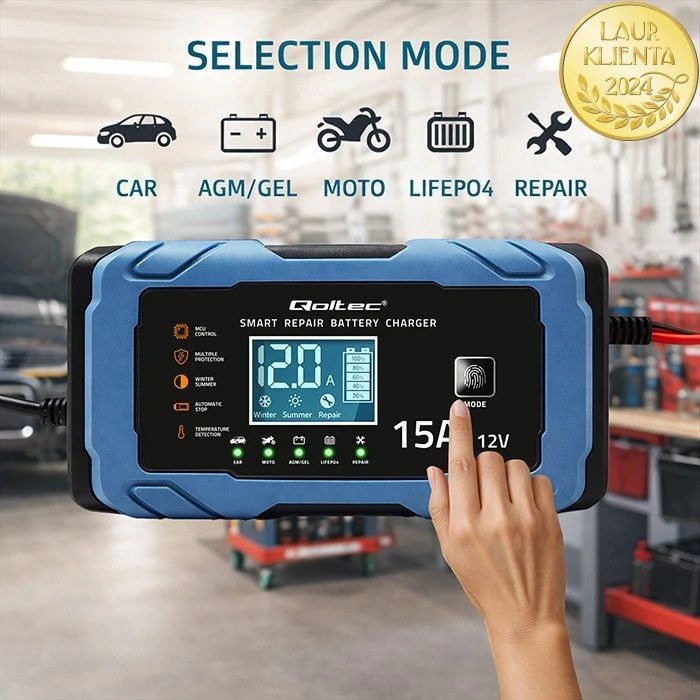 *Qoltec 52666 Qoltec Inteligentní nabíječka baterií 12V 15A | AGM, GEL, LiFePO4 | 9-krokové nabíjení