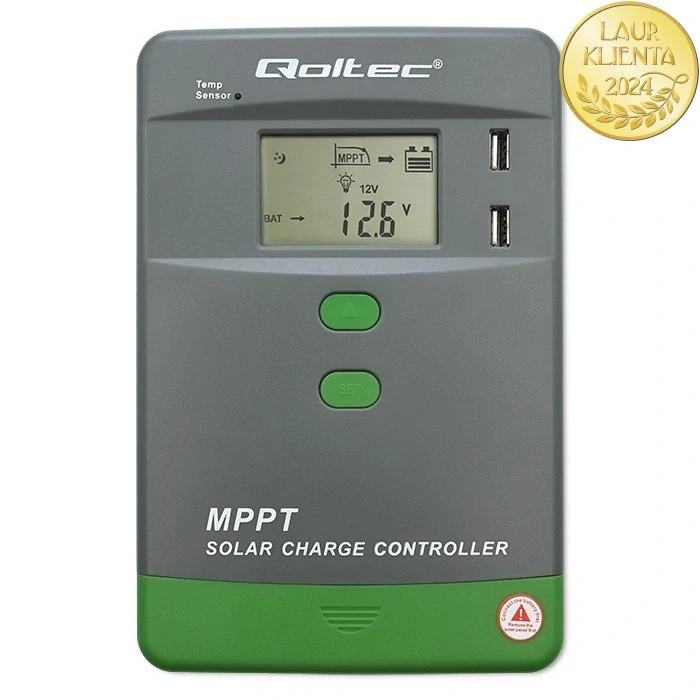 *Qoltec 53667 MPPT solární regulátor 20A | Ovládání přes Bluetooth aplikaci v mobilu | 12V / 24V | LCD | 2 x USB | Bluetooth | AGM / GEL / LiFePO₄