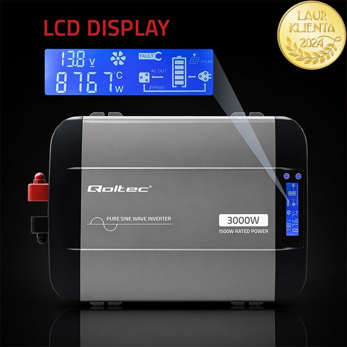 Qoltec 52690 Měnič napětí Qoltec 12V → 230V 1500W/3000W čistá sinusovka | LCD | USB | USB-C | pro LiFePO4 a AGM baterie