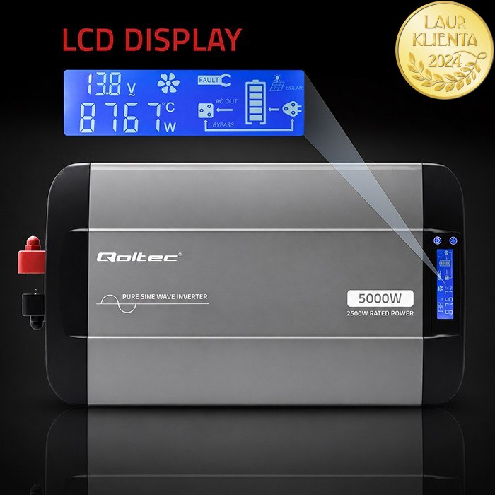 Qoltec 52692 Měnič napětí Qoltec 12V → 230V 2500W/5000W čistá sinusovka | LCD | USB | USB-C | pro LiFePO4 a AGM baterie