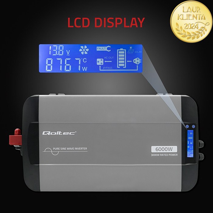 Qoltec 52693 Měnič napětí Qoltec 12V → 230V 3000W/6000W čistá sinusovka | LCD | USB | USB-C | pro LiFePO4 a AGM baterie