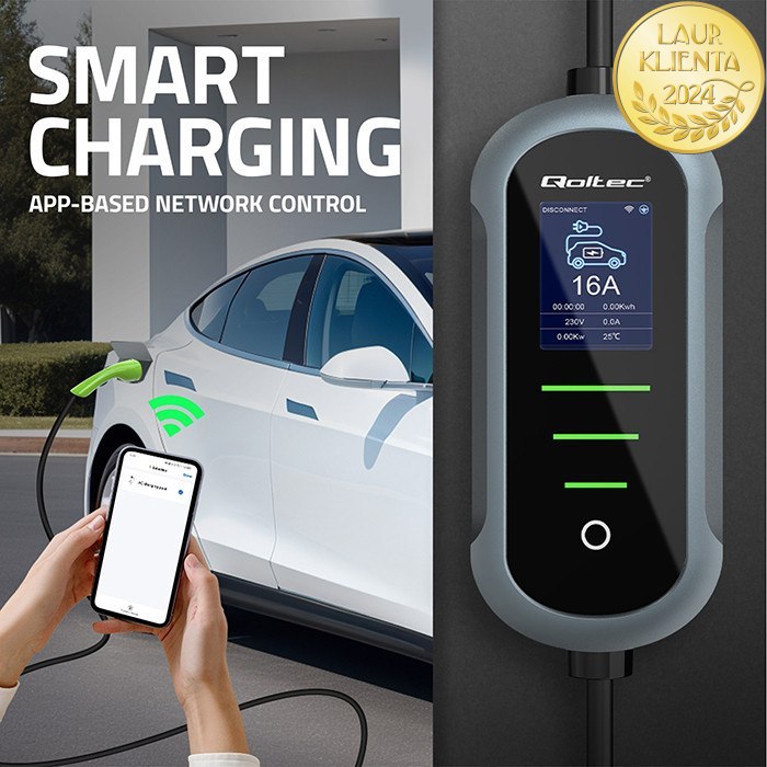 Qoltec 52720 Mobilní nabíječka Qoltec 2 v 1 Typ 2 – 11kW | 400 V | CEE 16A | Wi-Fi | TUYA | SMART LIFE | Nastavitelný proud | 5 m kabel