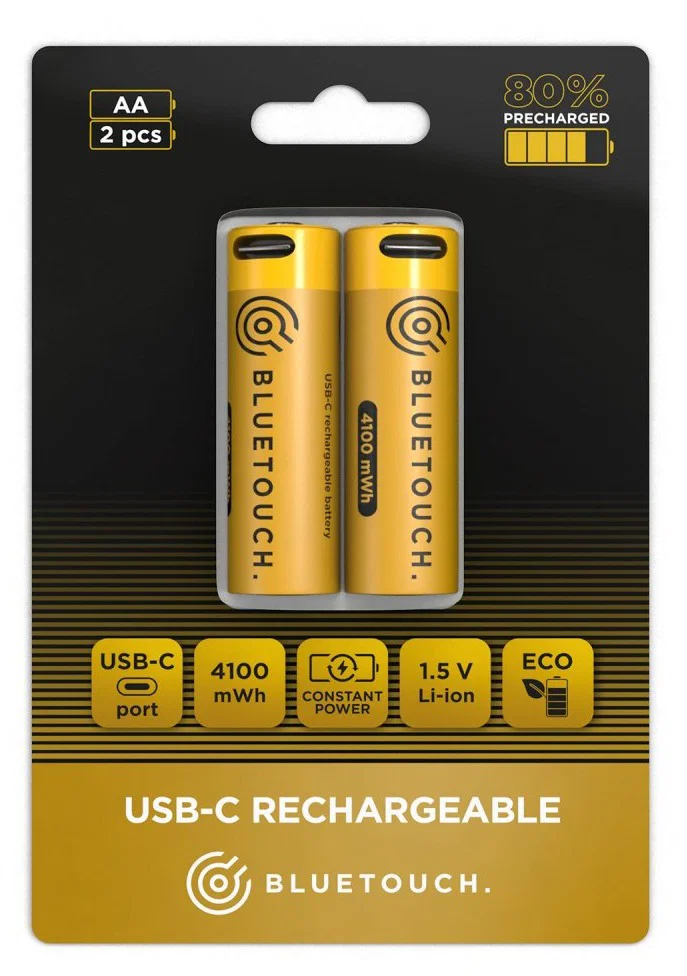 *BlueTouch USB-C nabíjecí baterie AA 1,5 V / 4100 mWh – Li-Ion tužkové články s USB-C nabíjením, 2 ks