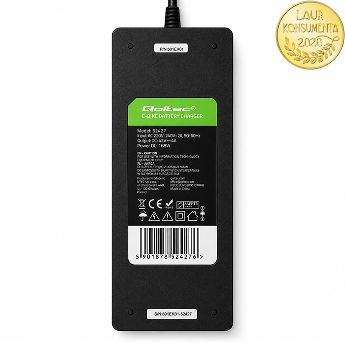 *Qoltec 52427 Rychlá voděodolná nabíječka Qoltec Pro Bosch plug 36V/42V 4A + napájecí kabel