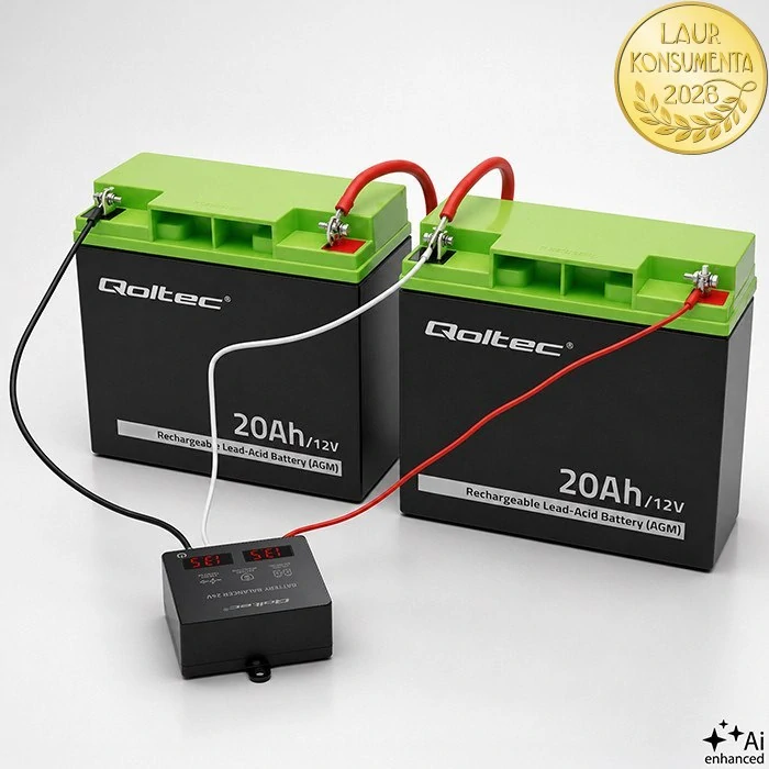 Qoltec 51078 24V napěťový balancer pro 2×12V baterie | 5A | AGM, GEL, LiFePO4 | LED displej