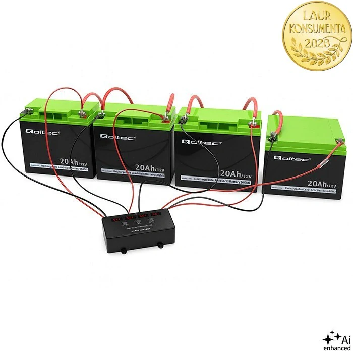 Qoltec 51079 Balancer baterií 48V 4×12V | 10A | LiFePO4 AGM GEL | LED displej