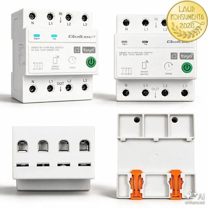 Qoltec 50976 Třífázové Wi-Fi relé 63A 4P (3P+N) na DIN lištu | Tuya Smart | Smart Life | měření energie | časovač