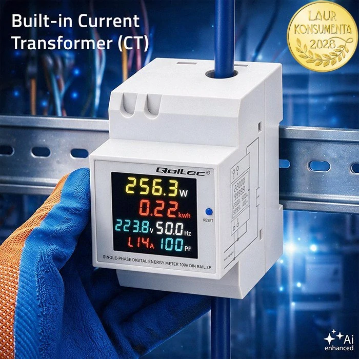 Qoltec 50977 Jednofázový elektroměr 6v1 na DIN lištu TH35 | 230 V | 100 A | LCD | CT | 3P