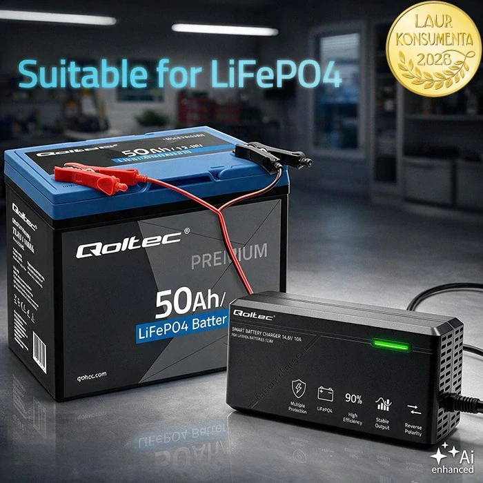 Qoltec 52670 Nabíječka pro LiFePO4 baterie 12,8V | 10A | 14,6V | 150W | CC/CV | LED