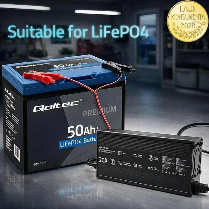 Qoltec 52671 Automatická nabíječka LiFePO4 12,8V 20A 292W | CC/CV | 14,6V | LED | PF 0,9