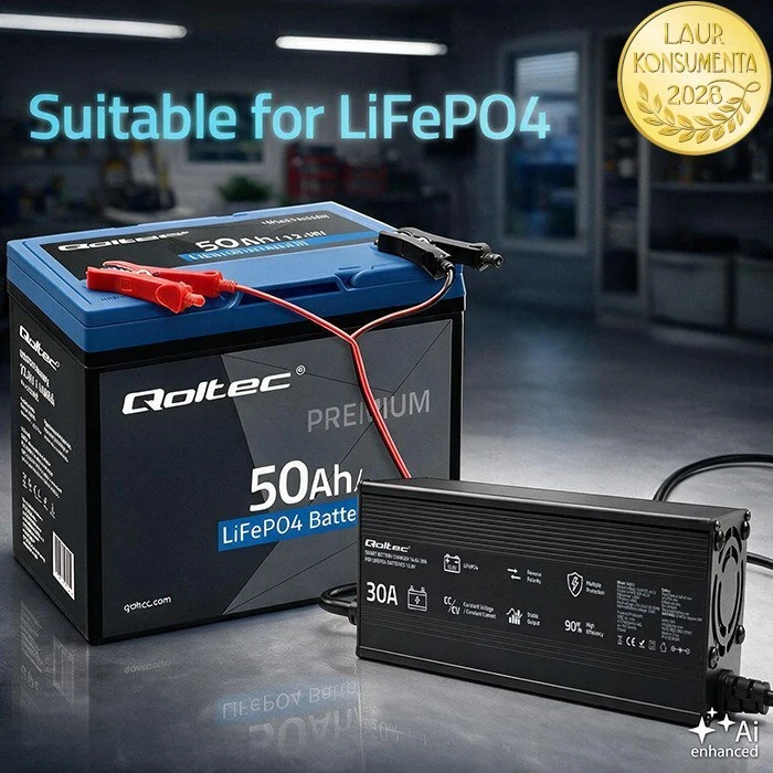 Qoltec 52672 Nabíječka LiFePO4 12V / 12,8V 30A 438W | CC/CV | PF 0,9 | LED