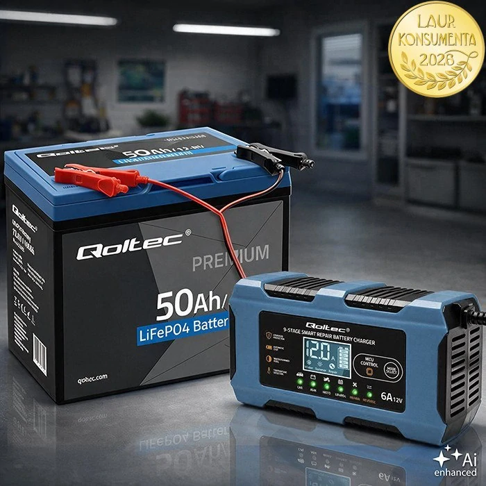 Qoltec 52669 Chytrá mikroprocesorová nabíječka baterií 12V 6A | LiFePO4 AGM GEL | 9 stupňů | Repair | LCD