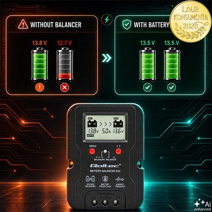 Qoltec 51099 Balanser baterií 24V 5A pro 2× 12V | AGM, GEL, LiFePO4 | LCD