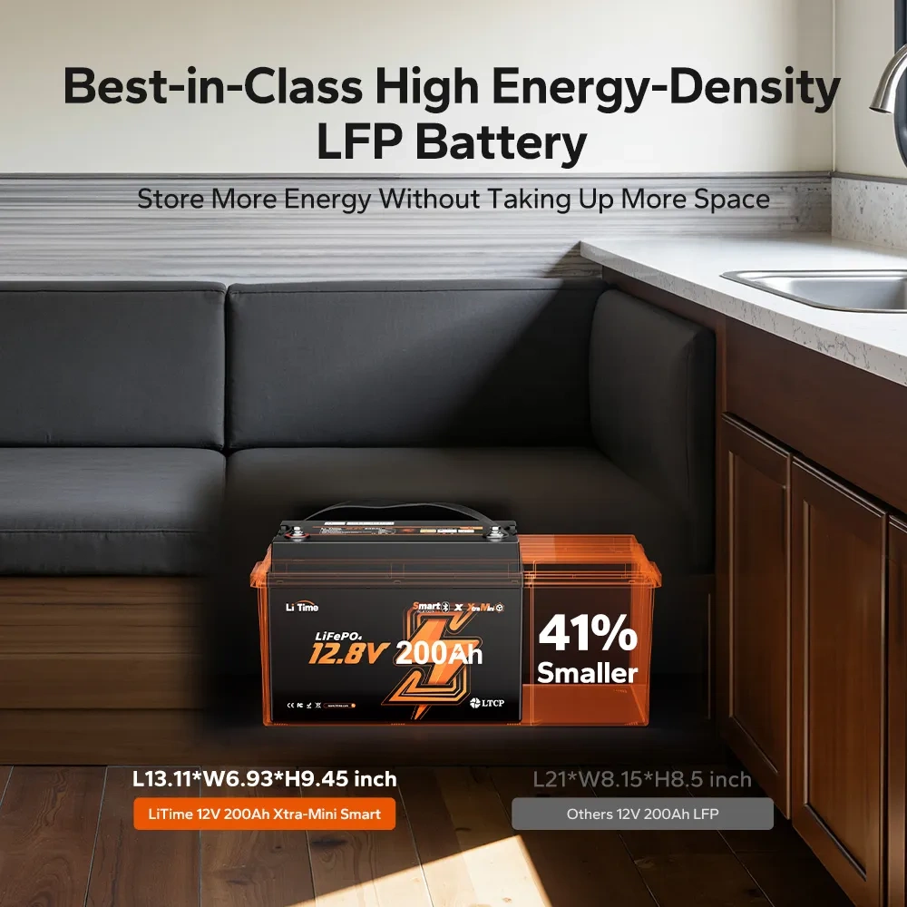 LiTime 12V 200Ah XTRA Mini LiFePO4 baterie 2560Wh – Bluetooth 5.0, 200A BMS, IP65, ochrana proti mrazu