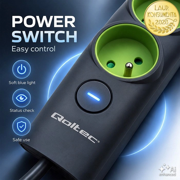 Qoltec 52762 přepěťová prodlužovací zásuvková lišta 6v1 – 4 zásuvky, USB-C 15W, USB-A 12W, 1,8 m