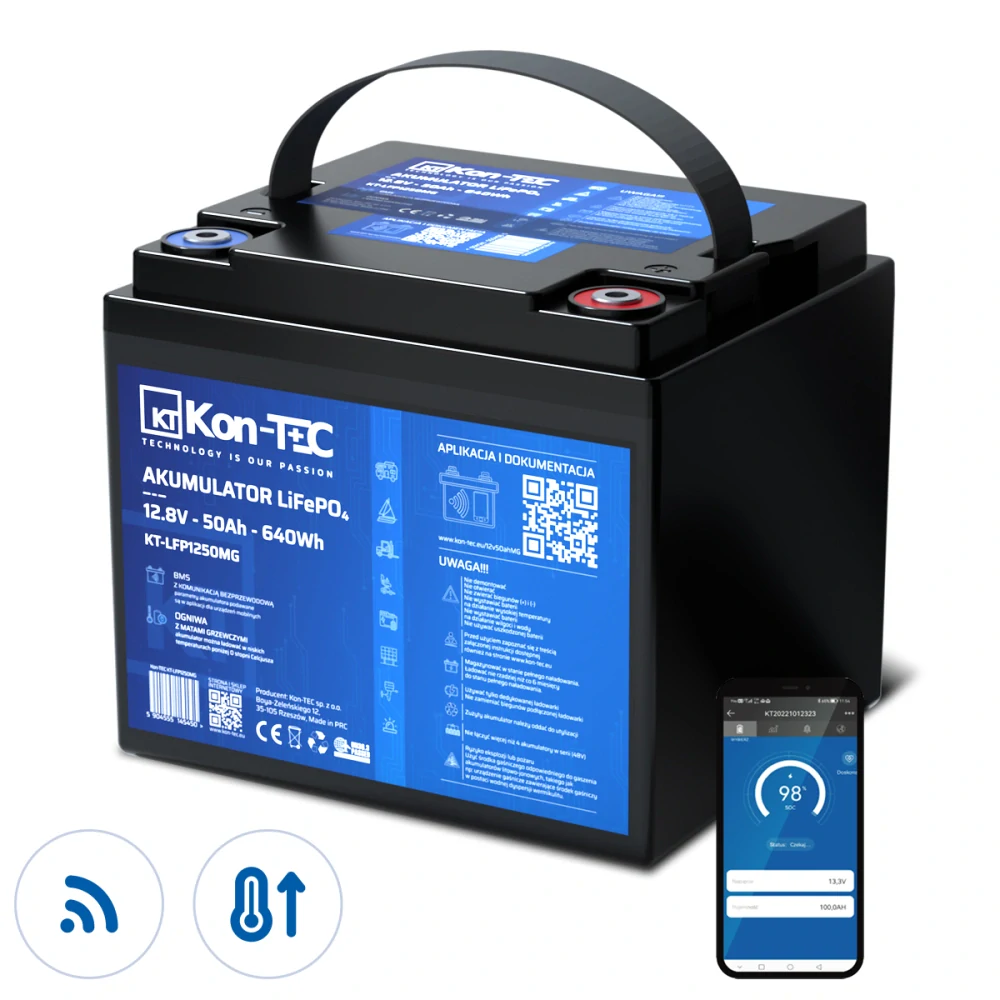 ❄️Baterie Kon-Tec Blue Line KT-LFP1250 Lithium-železo-fosfátová LiFePO4 baterie 12V, 12,8V 50Ah, 640Wh - Wireless BMS System + funkce ohřevu baterie