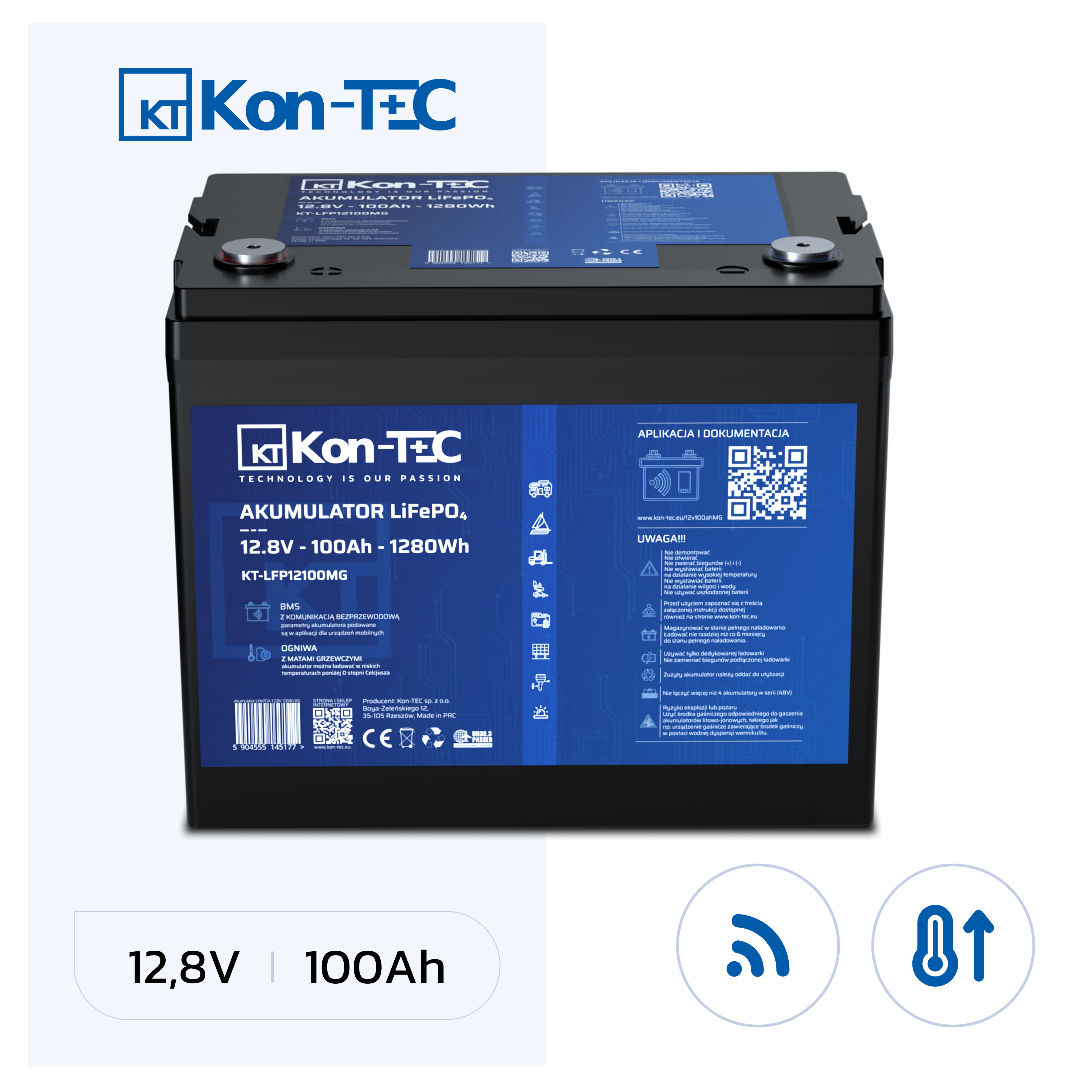 ❄️Baterie Kon-Tec Blue Line KT-LFP12100 Lithium-železo-fosfátová LiFePO4 baterie 12V, 12,8V 100Ah, 1280Wh - Wireless BMS System + funkce ohřevu baterie