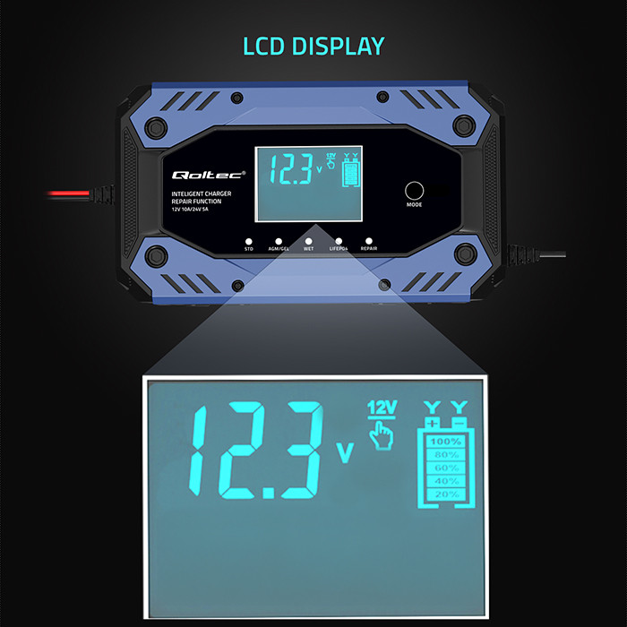 *Qoltec 52482 Inteligentní nabíječka baterií STD AGM GEL LiFePO4 | s funkcí opravy |12-24V |10A | LCD | 9 – stupňů nabíjení