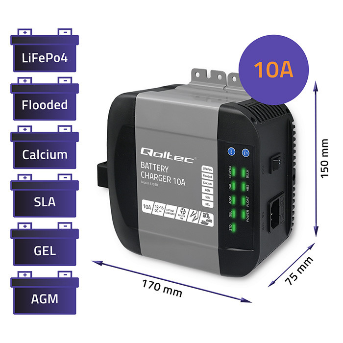 *Qoltec 51958 Intelligent Monolith nabíječka pro LiFePO4 AGM GEL SLA baterie | 10A | 12V