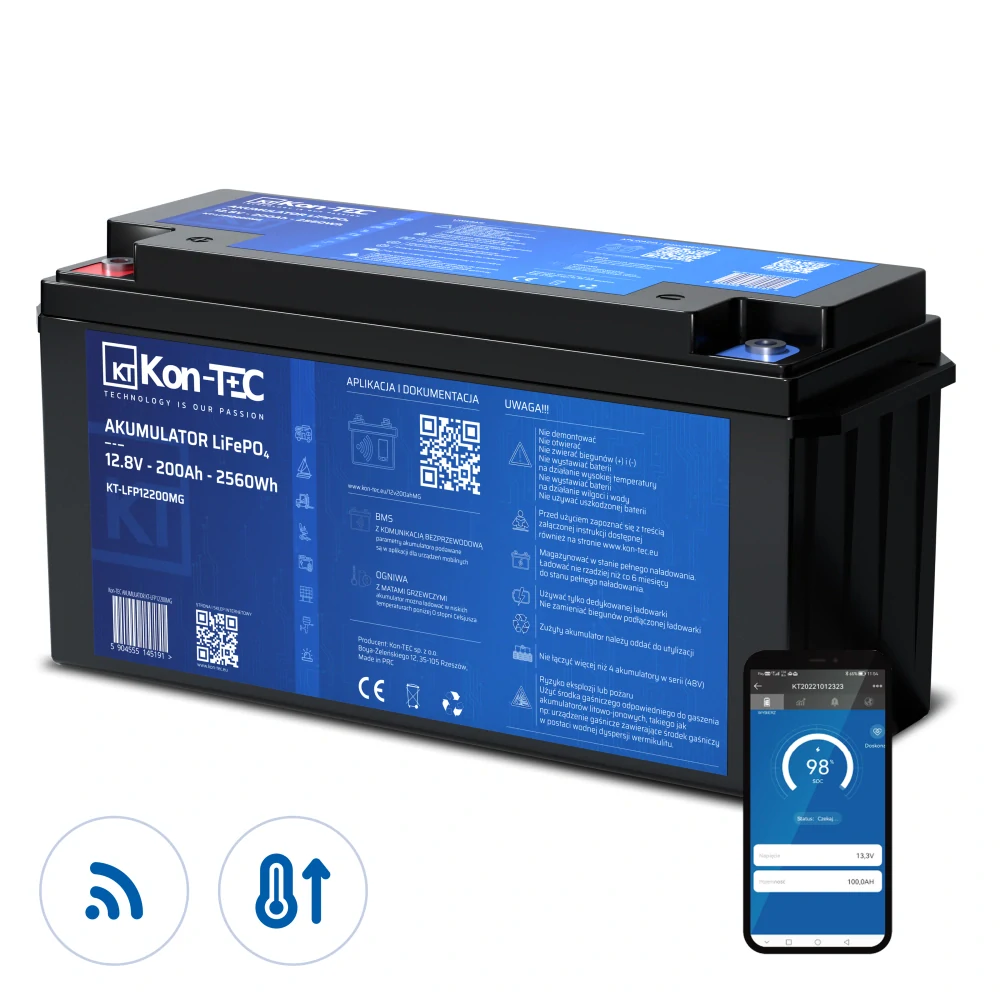❄️Baterie Kon-Tec Blue Line KT-LFP12200 Lithium-železo-fosfátová LiFePO4 baterie 12V, 12,8V 200Ah, 2560Wh - Wireless BMS System + funkce ohřevu baterie