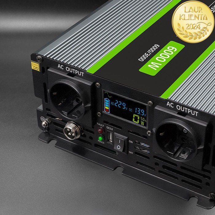 Qoltec 51923 Monolith měnič napětí 3000W/6000W | z 24V na 230V | Čistý sinus | LCD displej | Dalkové ovladání