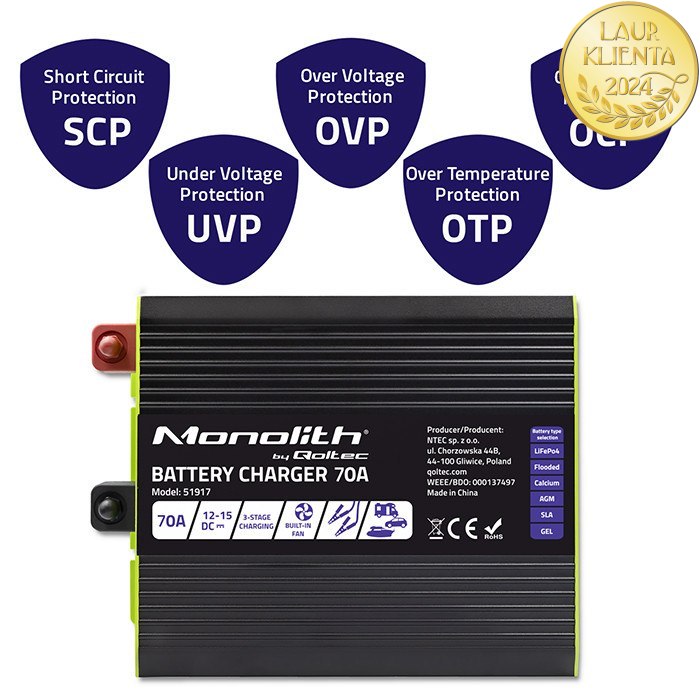 *Qoltec 51917 Inteligentní profesionální nabíječka Monolith pro LiFePO4 AGM GEL SLA baterie | 70A | 12V | Rychlé nabíjení