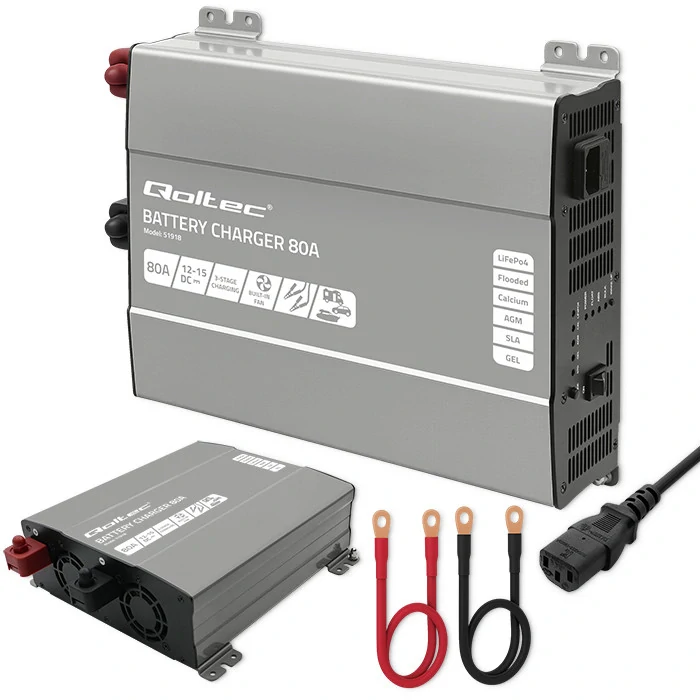*Qoltec 51918 Inteligentní profesionální nabíječka Monolith pro LiFePO4 AGM GEL SLA baterie | 80A | 12V | Rychlé nabíjení