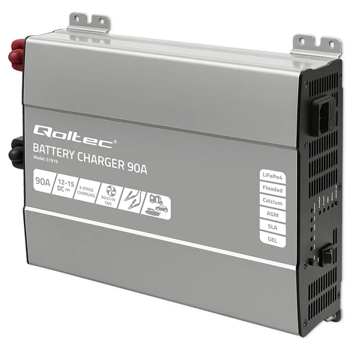 *Qoltec 51919 Inteligentní profesionální nabíječka Monolith pro LiFePO4 AGM GEL SLA baterie | 90A | 12V | Rychlé nabíjení
