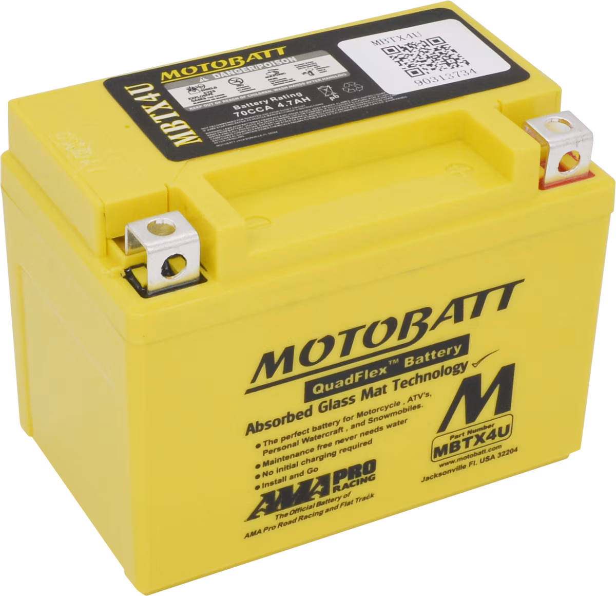 Motobatt MBTX4U 12V 4,7Ah AGM baterie – vysoký startovací proud, náhrada YTX4L-BS, YB4L-B, QuadFlex