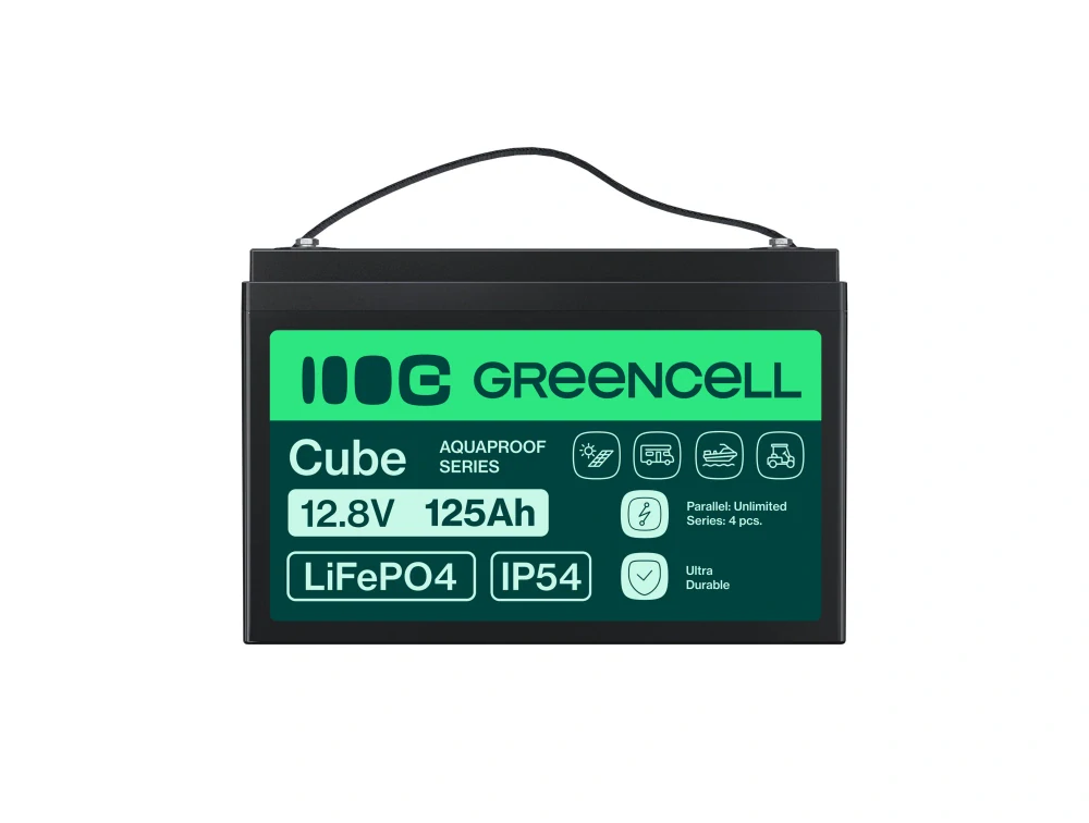 Baterie Green Cell CUBE LiFePO4 LFPGC12V125AH Baterie LiFePO4 12V, 12,8V 125Ah, 1600Wh IP54 Lithium-železo-fosfátový Akumulátor pro karavany, čisticí zařízení, camping  a jiné