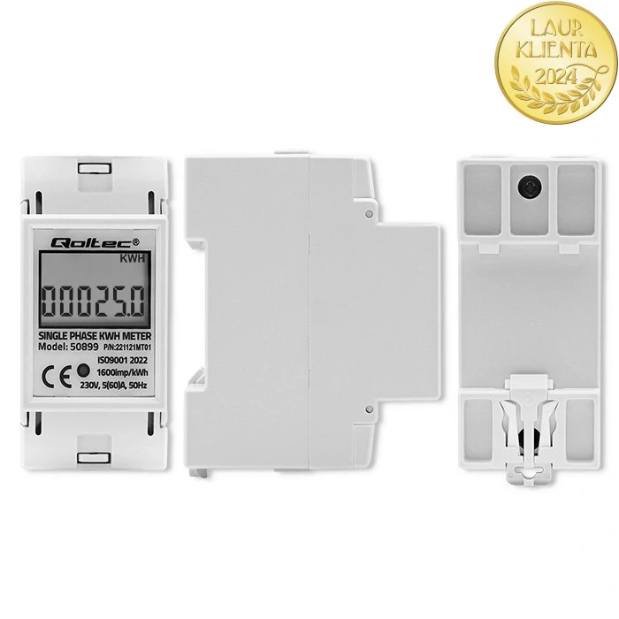 *Qoltec 50899 Jednofázové elektronické počítadlo | měřič spotřeby energie na DIN lištu | 230V | LCD | 2P