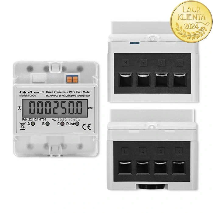 *Qoltec 50900 Třífázové elektronické počítadlo | měřič spotřeby energie na DIN lištu | 400V | LCD | 4P