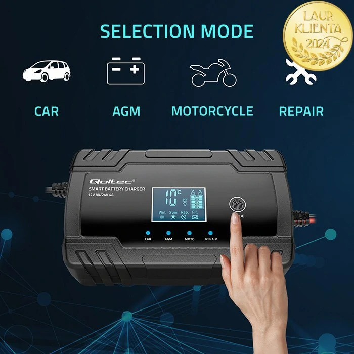 Qoltec 52490 Inteligentní 12V 8A | 24V 4A Mikroprocesorová Nabíječka s LCD | Regenerace AGM GEL Baterií