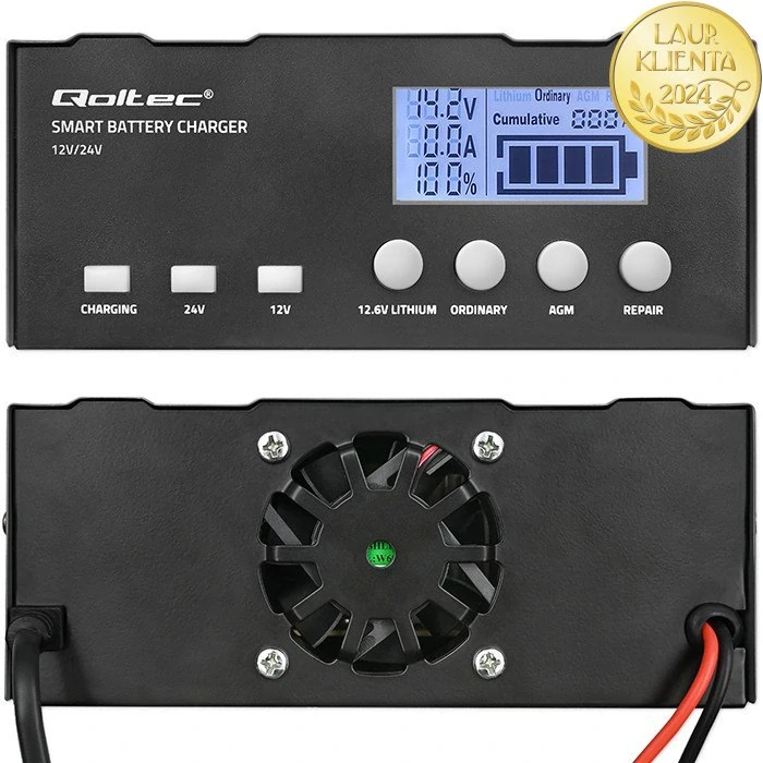 Qoltec 52491 Inteligentní mikroprocesorová nabíječka Qoltec 12V | 12,6 V | 24V | Usměrňovač s funkcí opravy pro AGM GEL | LCD