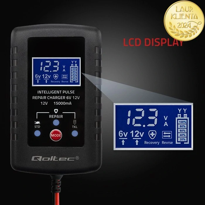 *Qoltec 52426 Automatická nabíječka baterií Qoltec AGM GEL STD 6V/12V 2A | Nabíječka s funkcí opravy a LED displejem