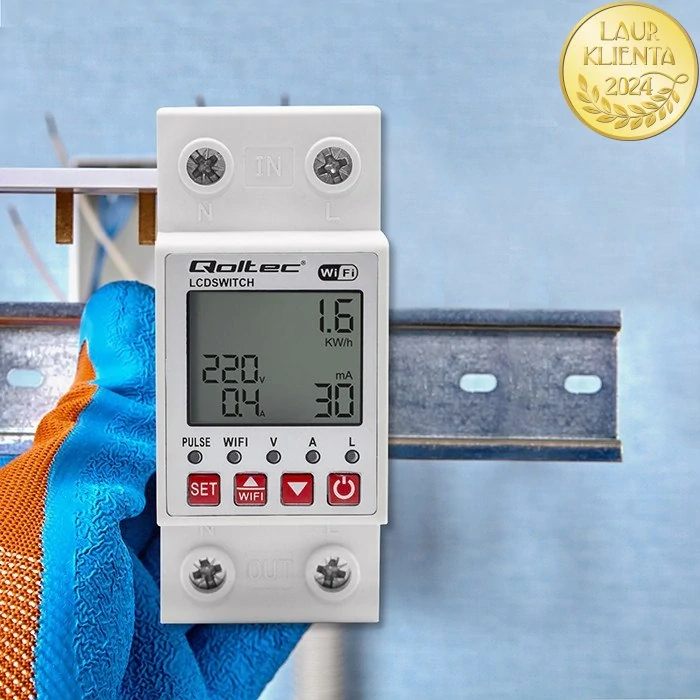 *Qoltec 50990 Relé Qoltec 63A na DIN lištu s elektroměrem | Časovač | Tuya  | Wi-Fi | LED